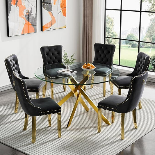 Goujxcy Round Dining Table Set for 6, Modern Glass Kitchen Table and Chairs Set of 6, 7-Piece Dining Room Table Set w/47 Circle Gold Glass Dining Table and 6 Upholstered Velvet Chairs