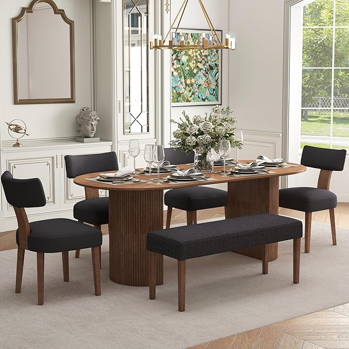 Farmhouse Upholstered Dining Bench Seat, 45" Linen Entryway Bench with Natural Wood Legs, Mid Century Modern End of Bed Bench for Kitchen Bedroom Living Room Hallway, for 2-3 Person, Charcoal