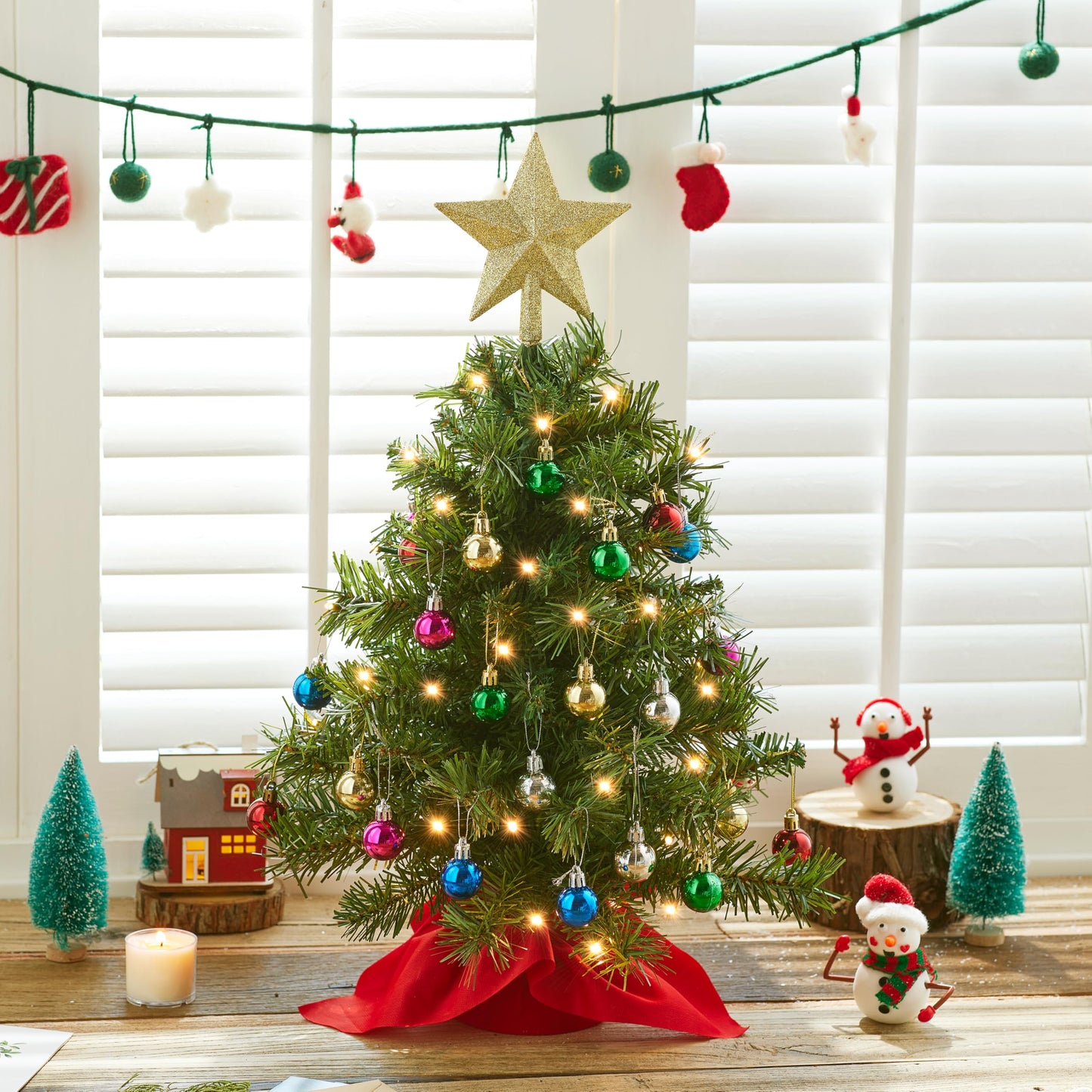 Joiedomi 24"/2FT Mini Christmas Tree Tabletop Set with Clear LED Lights, Artificial Mini Christmas Tree with Star Treetop and Hanging Ornaments, Best DIY Xmas Decorations