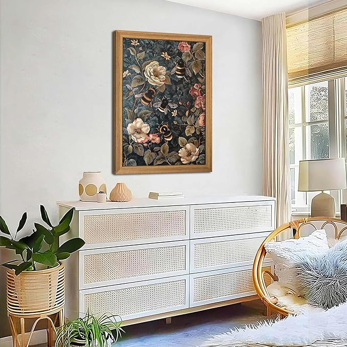 Framed 3D Textured Vintage Wall Art - Dark Academia Bumble Bee Hand Drawn Sandstone Paintings with Botanical Florals, Aesthetic Wall Decor for Living Room Bedroom Home 24x36 inch