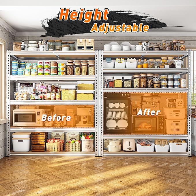 REIBII 40" W Garage Shelving 2500LBS Storage Shelves Adjustable Metal Shelving 5 Tier Pantry Shelves for Closet Kitchen Warehouse 40" W x 19.7''D x 72''H, Silver