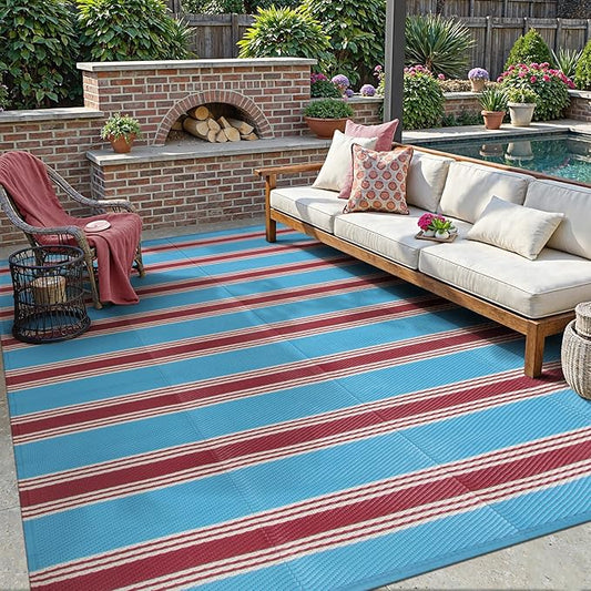 Lahome Striped Outdoor Rug 8x10 Patio Waterproof, Reversible Outdoor Plastic Straw Rug for Camping, RV Patio Rugs Outside Large Carpet for Porch Deck Backyard Picnic(Blue/Red,8'x 10')