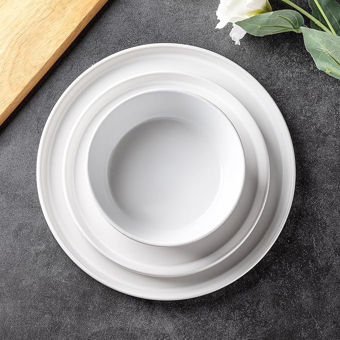 AmorArc Ceramic Dinnerware Sets for 6, Modern Flat Stoneware Plates and Bowls Sets,Chip and Crack Resistant | Dishwasher & Microwave Safe Dishes Set,Scratch Resistant- Service for 6 (18pc)-Matte White