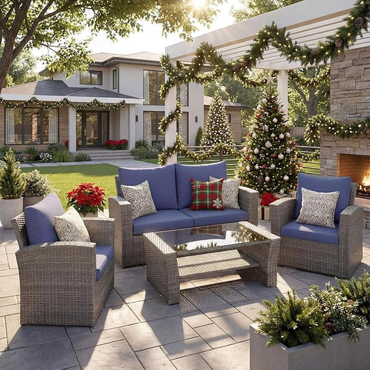 Wisteria Lane 4 Piece Patio Furniture Set, Wicker Outdoor Patio Conversation Furniture Set, All Weather Outdoor Patio Sofa with Cushion and Glass Table, Navy Blue