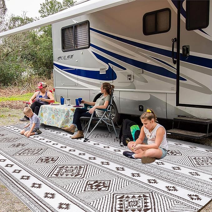 Outdoor Rug 9x18 for Patio Waterproof Patio Rugs Outdoor Mats for Front Porch,Beach Mat,Reversible Plastic Camping Rugs,Camper Rugs for Outside,RV,Deck,Balcony,Backyard,Boho Brown