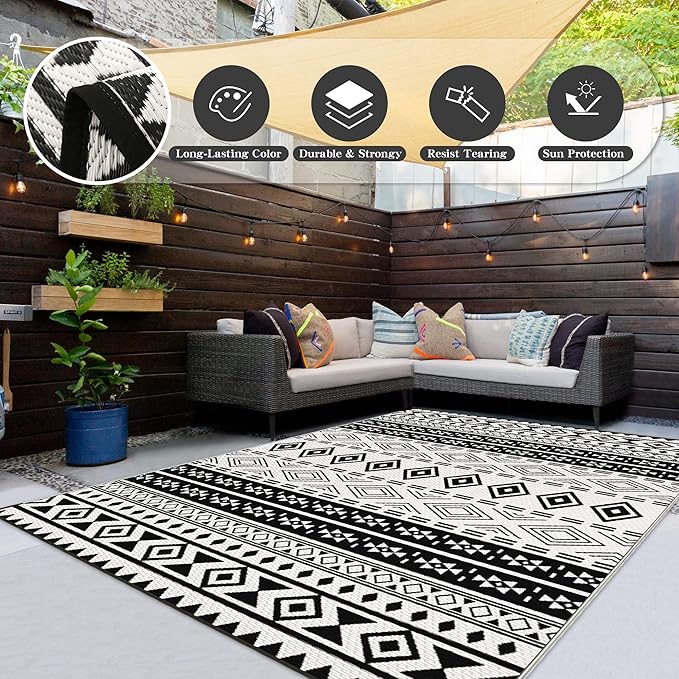 Wallona Outdoor Rugs 5x8 ft Patio Waterproof Clearance Indoor Outdoor Carpet for Patio Plastic Straw Reversible Area Rugs Mat for RV, Camping, Balcony, Beach, Picnic, Porch, Boho Black & White
