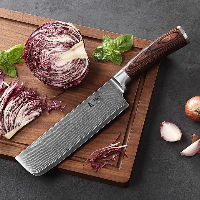 Wakoli Damascus Nakiri & Chef Knife 7-inch - 67-Layer VG10 Core Steel, Razor Sharp Japanese Vegetable Knife with Pakkawood Handle, for Precision Chopping, Slicing & Cuisine - Gift Box (EDIB)