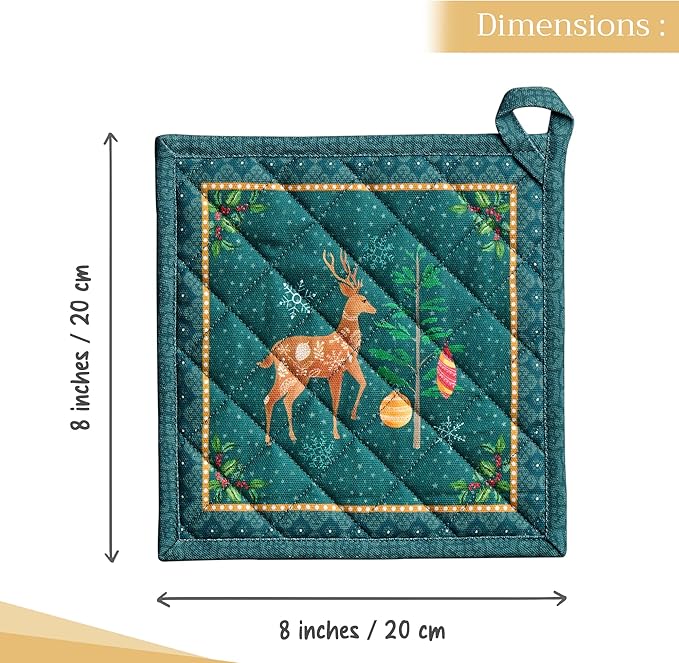 Maison d' Hermine Pot Holders 100% Cotton Heat Resistant Potholders 8" x 8" Hot Pads with Loop for Thanksgiving Christmas Decorations BBQ Cooking Baking Handling Hot Pans (Pack of 1, Hygge Christmas)
