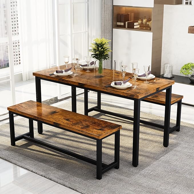 Recaceik Dining Table Set with Bench, 3 Pieces Dining Furniture Set Kitchen Table Set Sturdy Structure Space-Saving Dinette for Kitchen, Dining Room Breakfast Nook, Living Room, Rustic Brown