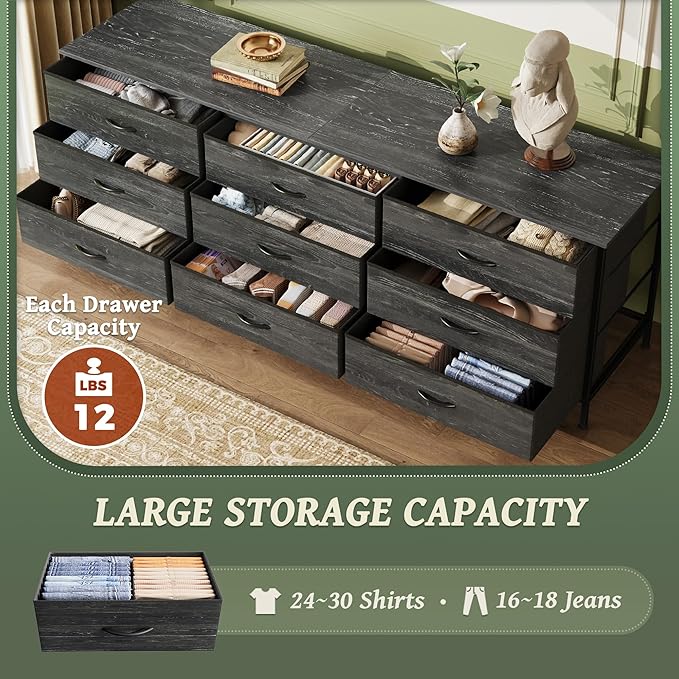 Huuger 63 Inch Dresser for Bedroom, Dresser for Closet with 9 Drawers, Large TV Stand for 55, 65, 70 Inch TV, Entertainment Center, Wide Long Chest of Drawers, Charcoal Black Wood Grain Print