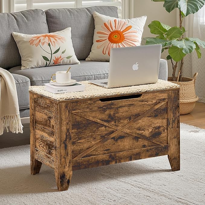 VECELO 30" Farmhouse Style Storage Bench, Entryway Shoe Ottoman, with Handwoven Cushion, with Metal Safety Hinges, for Bedroom, Living Room, Entryway, Brown