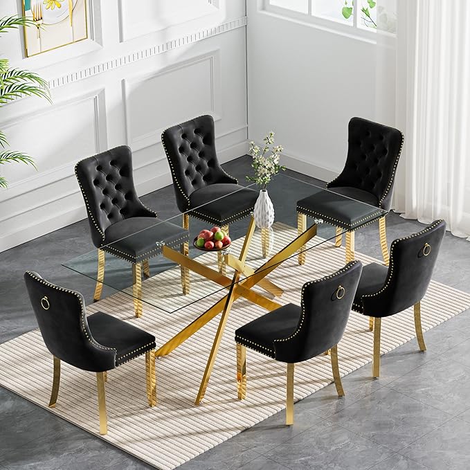 Goujxcy 7 Piece Glass Dining Table Set Modern Glass Dining Table Set for 6, 61" Rectangular Gold Kitchen Table and 6 Velvet Upholstered Chairs, Gold Table & Black Chair