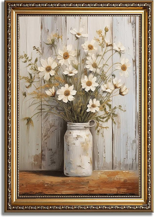 Rustic Farmhouse Daisy Floral Canvas Wall Art Vintage Neutral Country Flower Still Life Botanical Painting Picture Wall Decor Poster Print for Bathroom Living Room Bedroom Home Decoration Unframed