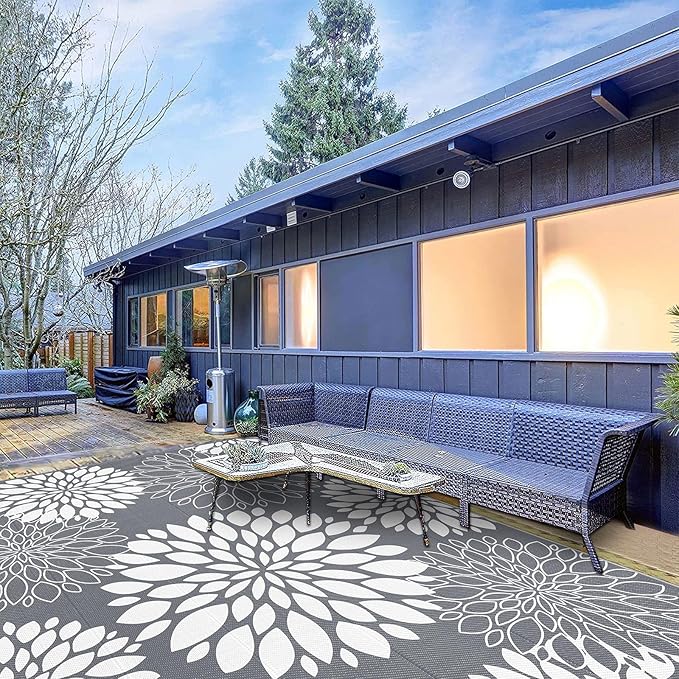 Ileading Reversible Outdoor Rug 9x12Ft Waterproof Patio Rug Carpet Portable Outdoor Plastic Straw Rug Large RV Camping Mat Rug for Patio, Clearance, Deck, Beach, Porch, Camping, Picnic, Grey