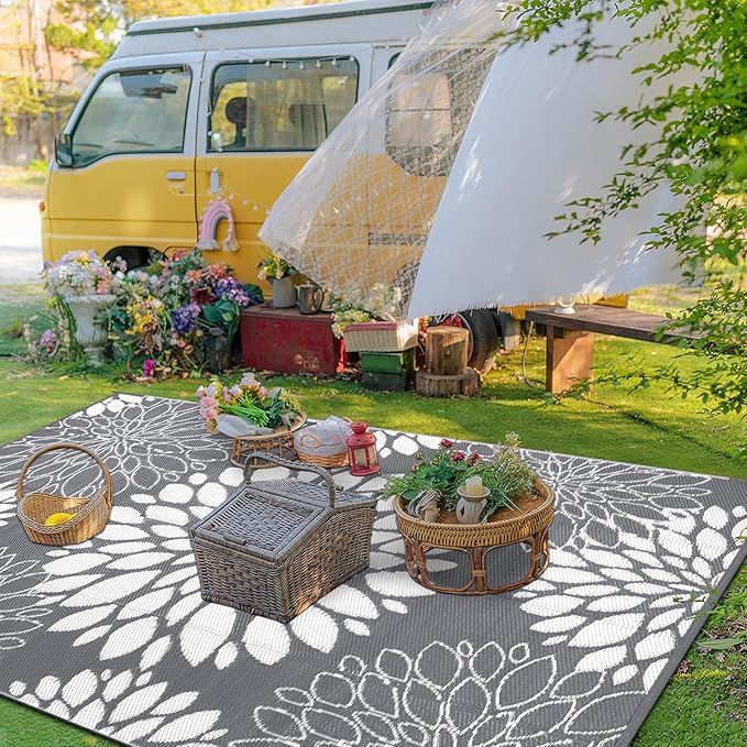 Ileading Reversible Outdoor Rug 5x8Ft Waterproof Patio Rug Carpet Portable Outdoor Plastic Straw Rug Large RV Camping Mat Rug for Patio, Clearance, Deck, Beach, Porch, Camping, Picnic, Flower Grey