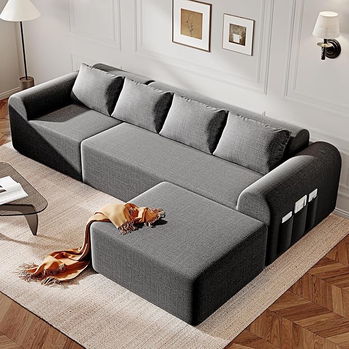 105.5” Cloud Boneless Sectional Sofa for Living Room, L-Shaped 4-Seater Modular Couch with Ottoman & 4 Pillows, Deep Seat Chenille Fabric Sofa, No Assembly, 72H Full Restore, Grey