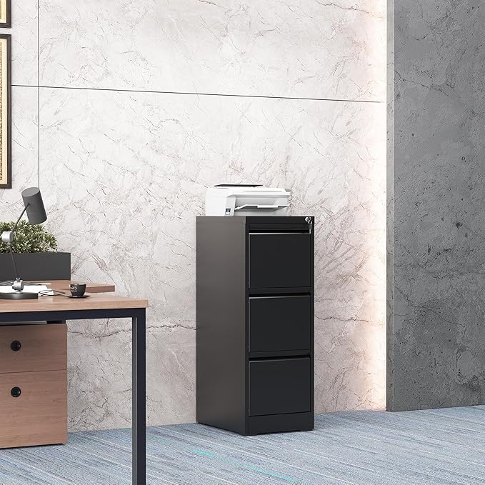 3 Drawer File Cabinet with Lock, Steel Vertical Filing Storage Cabinet for Home Office, Heavy-Duty File Cabinets for Letters/Legal/A4 (Require Assembly, Black)