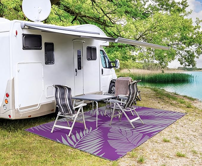 GENIMO Outdoor Rug 6' x 9' Waterproof for Patios Clearance, Reversible Plastic Straw Camping Carpet, Large Area Rugs Mats for RV, Picnic, Backyard, Deck, Balcony, Porch, Beach, Purple&Grey