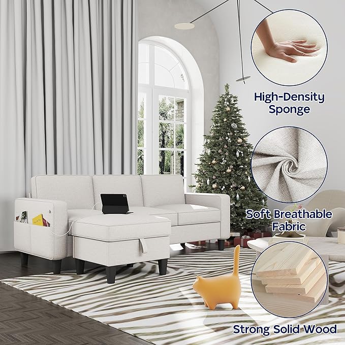 Sectional Sofa Couches for Living Room - Beige 3 Seat L-Shaped Couch with Type-C Charging Port & Storage Ottoman, Comfy Linen Convertible Sectionals Sofas with Chaise for Apartment