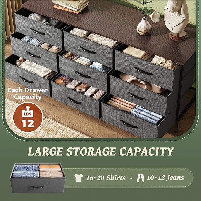 Huuger 9 Drawer Dresser for Bedroom, 47 Inch Dresser TV Stand for 50, 55 Inch TV, Entertainment Center for Bedroom, Fabric Storage with Drawer, Closet, Dark Grey