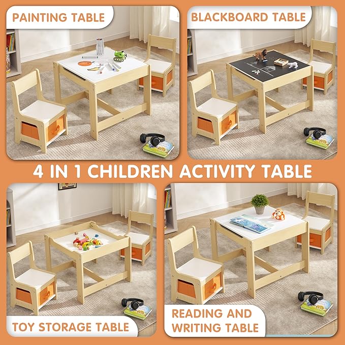 Kids Table and Chair Set, 3 in 1 Children Activity Table with Storage Drawer, 2 in 1 Tabletop Removable Blackboard for Crafts, Arts, Drawing, Reading, Toddler Table and Chair Set for Boys & Girls