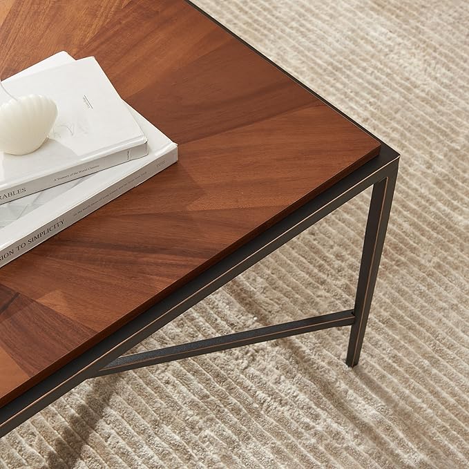 EDYO LIVING Mid Century Modern Coffee Table with Cross Metal Legs, 41.3” Wooden Single Tier Coffee Table, Retro Accent Sofa Center Table for Living Room, Home Office, Brown
