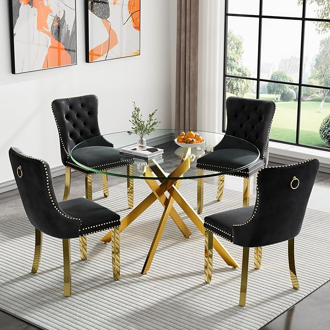 Goujxcy 5 Piece Round Glass Dining Table Set for 4, 47" Round Dining Table & Chair Set Modern Circle Glass Kitchen Table and 4 Velvet Upholstered Chairs for Kitchen Dining (Gold Table & Black Chair)