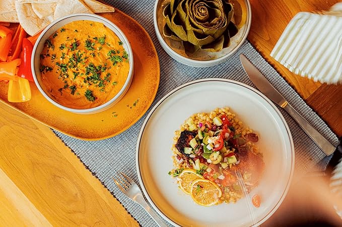 Bloomhouse - Oprah's Favorite Things - Santorini Mist Double Bowl Terracotta Reactive Glaze Plates and Bowls Dinnerware Set - Moonstone White, Service for Four (16pcs)