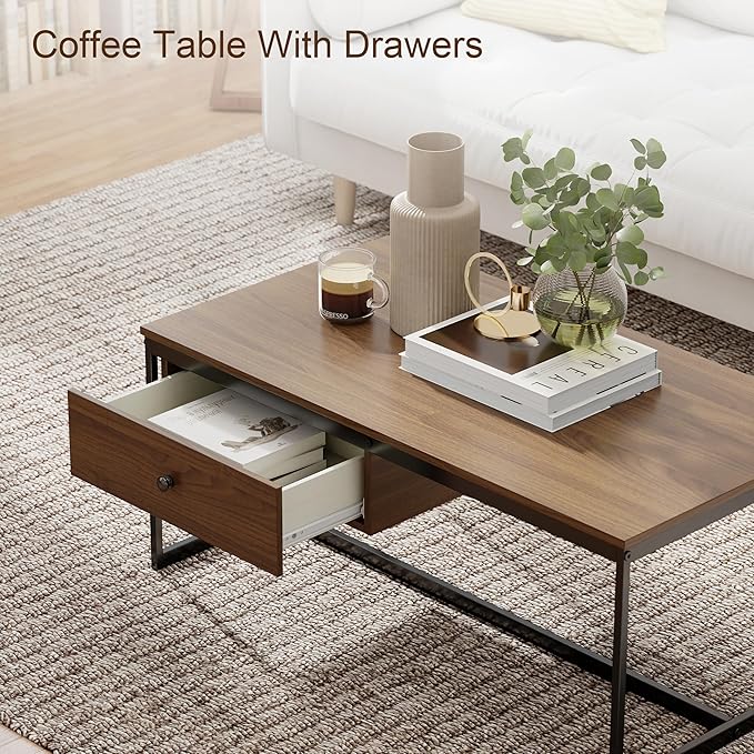 Manora Minimalist Coffee Table with Drawer, Modern Industrial Aesthetic Center Table for Living Room, Stylish Wood Modern Coffee Table with Storage, Walnut