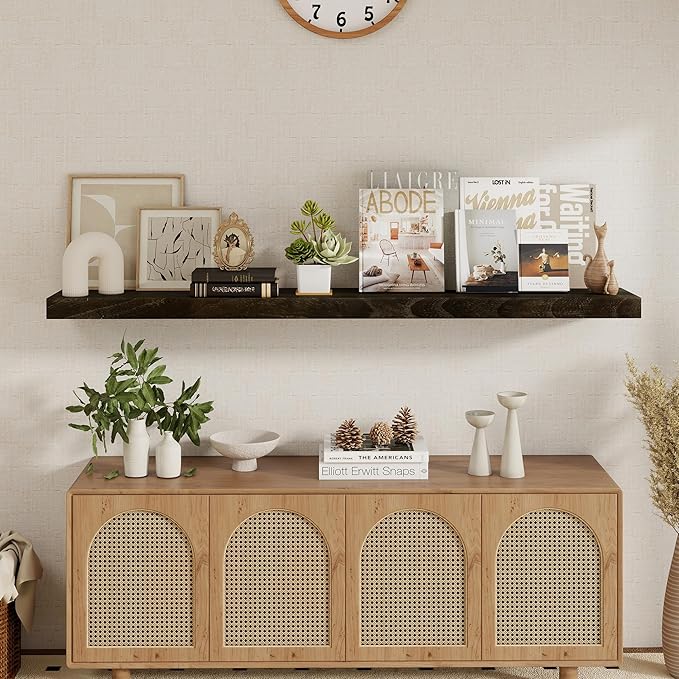 fuqing 55 Inch Wide x 9.3 Inch Deep Natural Wood Floating Shelves - Set of 1 - Country Rustic Walnut Wooden Wall Mounted Shelves with Upgraded Metal Brackets