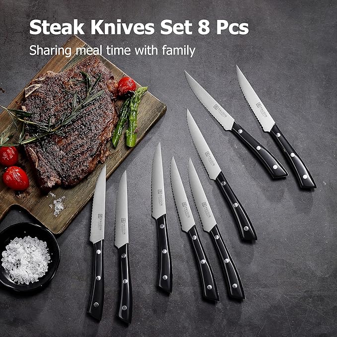PAUDIN Steak Knives, Steak Knife Set of 8, Razor-Sharp Kitchen Knife Set 4.5 inch, High Carbon Stainless Steel Serrated Steak Knives Set for Kitchen, Full Tang ABS Handle