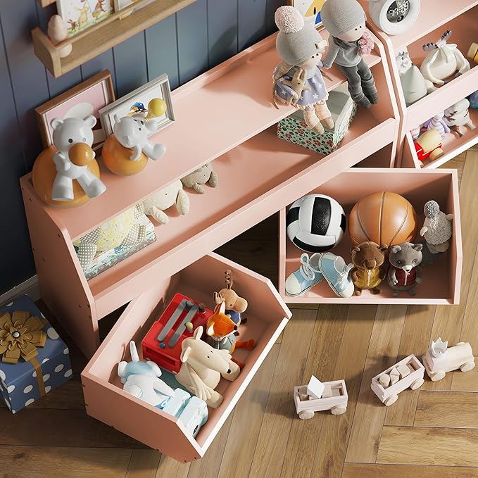 Toy Storage Organizer for Kids, Toy Storage Cabinet with Drawers, Boys and Girls Toy Shelf with Wheels, Toy Organizer Kids Bookshelf with Storage for Nursery, Playroom, Bedroom (Light Pink)
