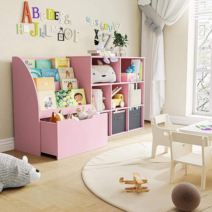Kids Bookshelf and Toy Storage, Toy Storage Organizers with Movable Drawers & 3 Storage Bins, Kids Reading Nook Toy Organizers Shelf with 5 Cubbies, Pink