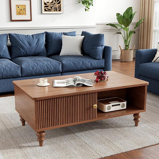 Modern Coffee Table, Mid-Century Wooden Center Table with Open Storage Shelf, Farmhouse Wooden Storage Coffee Table for Home and Office Décor, Walnut Oak