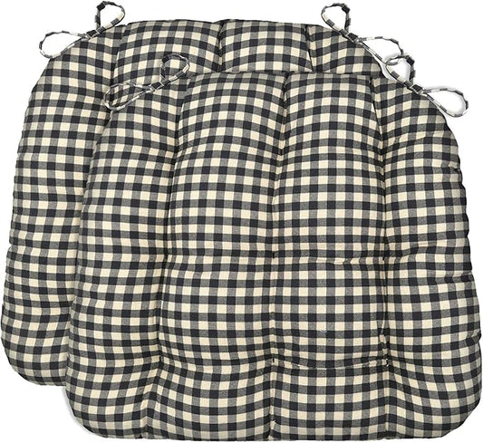 Barnett Home Decor Dining Chair Cushions with Ties – Small 15 x 17 - Latex Foam 100% Cotton, Machine Washable Chair Pads for Kitchen Chairs, Made in USA (Farmhouse Check Black and White/Pack of 2)