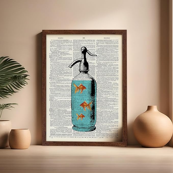 Poster Master Dictionary Art Poster - Goldfish Bowl Print - Fish Art - Aquarium Art - Gift for Men, Women & Animal Lover - Minimal Decor for Living Room, Bathroom or Office, 16x20 Brown Framed