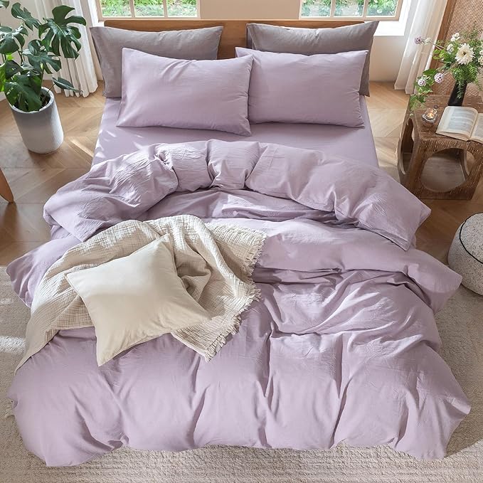 MooMee Bedding Duvet Cover Set 100% Washed Cotton Linen Like Textured Breathable Durable Soft Comfy (Heathered Light Purple, King 104"x90")