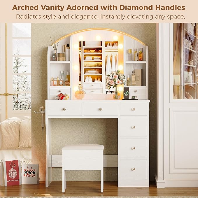 IRONCK Vanity Desk with Mirror and Lights, Makeup Vanity Table with 10 Drawers, Jewelry Organizer, Power Outlet, Storage Stool, and 3 Lighting Colors, White Vanity for Women Girls Bedroom
