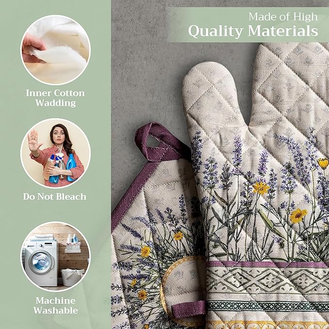 Maison d' Hermine 100% Cotton Oven Mitt & Pot Holder Set (7.5"x13" & 8"x8") Heat Resistant BBQ Cooking Gloves with Loop, Baking, Grilling, Kitchen, Handling Hot Pans Spring/Summer (Fanny Lavender)