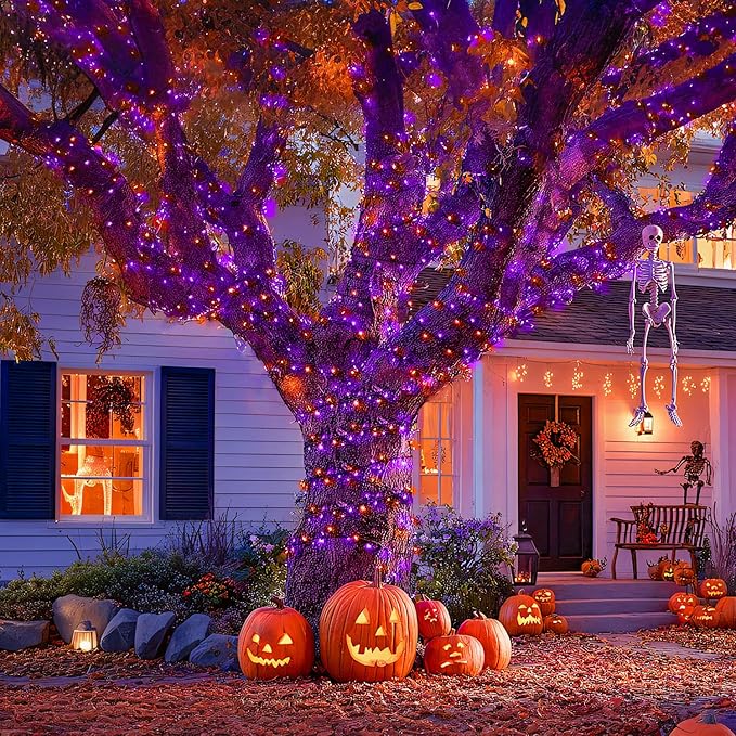 JMEXSUSS Orange and Purple Halloween Lights: 132ft 400 LED String Lights Plug in - Halloween Lights Indoor Outdoor for Yard Tree Porch