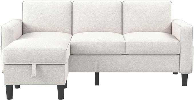 Sectional Sofa Couches for Living Room - Beige 3 Seat L-Shaped Couch with Type-C Charging Port & Storage Ottoman, Comfy Linen Convertible Sectionals Sofas with Chaise for Apartment