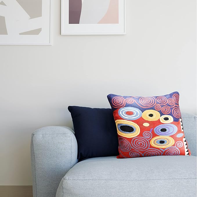 Klimt Red Throw Pillow Cover Reds Navy Modern Accent Pillowcase Decorative Abstract Throw Pillows Modern Boho Pillow Farmhouse Chair Cushions Hand Embroidered Sofa Cushion Wool Size 18x18