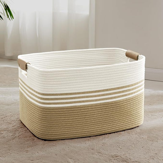 Laundry basket with leather handles for clothes,blankets,pillows,toys,towels,suitable for bedrooms and living rooms,cotton woven laundry hamper,extra large gift basket,22"x17"x12",Khaki