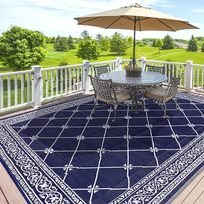 Outdoor Rug 8'x10' for Patios Waterproof Patio Rugs Outdoor Mats for Front Porch,Beach Mat,Reversible Plastic Straw Camping Rugs for Outside RV,Deck,Balcony,Backyard Navy Blue