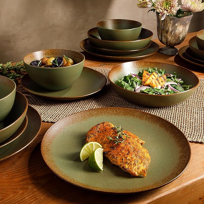 Bloomhouse - Oprah's Favorite Things - Palermo Sun Double Bowl Stoneware Reactive Glaze Plates and Bowls Dinnerware Set - Cardamom Green, Service for Four (16pcs)