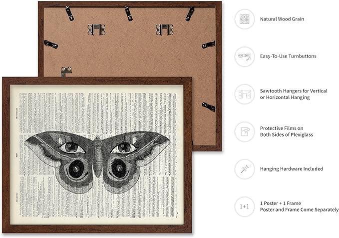 Poster Master Dictionary Art Poster - Butterfly Print - Eyes on Wings Art - Insect Art - Gift for Men, Women & Animal Lover - Gothic Decor for Living Room, Bedroom or Dorm, 16x20 Brown Framed