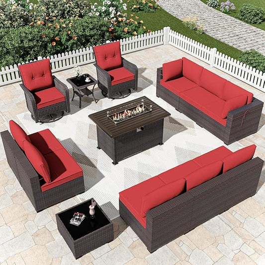 Kurapika 13 Pieces Patio Furniture Set, Rattan Wicker Outdoor Conversation Sets w/43in Propane Fire Pit Table, Swivel Rocking Chairs Patio Sectional Sofa w/4 Inch Cushion, Red