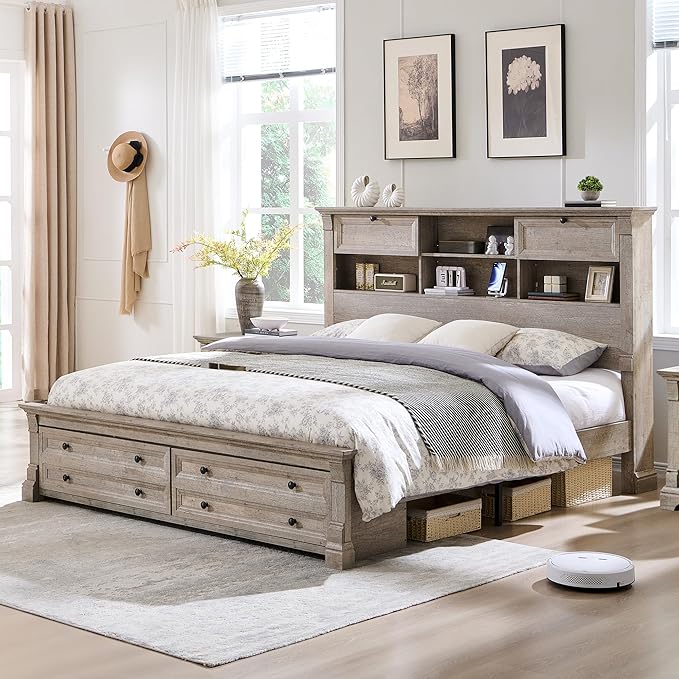 Farmhouse King Size Bed Frame with 54" Tall Storage Bookcase Headboard, 18" Roman Column Decoration Footboard,2 Drawer & 4 Storage Rack, Wood Platform Bed Frame, No Box Spring Needed(Light Rustic Oak)