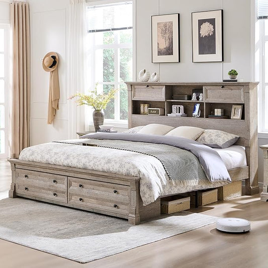 Farmhouse King Size Bed Frame with 54" Tall Storage Bookcase Headboard, 18" Roman Column Decoration Footboard,2 Drawer & 4 Storage Rack, Wood Platform Bed Frame, No Box Spring Needed(Light Rustic Oak)