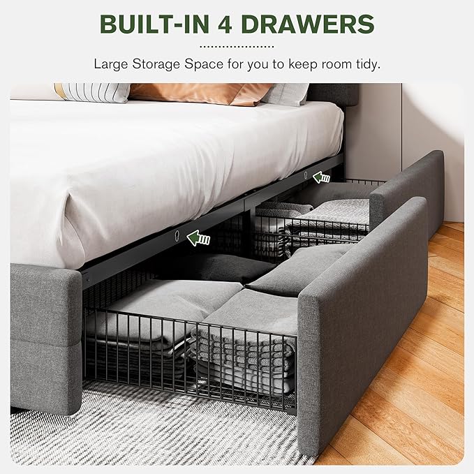 MUTICOR Queen Size Bed Frame with 4 Storage Drawers, Upholstered Platform Bed with Button Tufted Adjustable Headboard, No Box Spring Needed, Easy Assembly, Square Tufted, Light Grey Fabric
